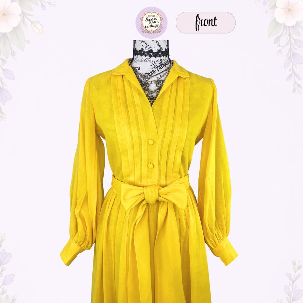 Vintage Yellow Shirt Dress by Frances Henaghan • 1970s Pleated Day Dress - Picture 2 of 9